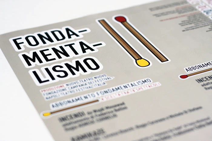 Dettaglio del manifesto di Fondamentalismo: il lettering ritagliato come un adesivo e i fiammiferi usati come filetto