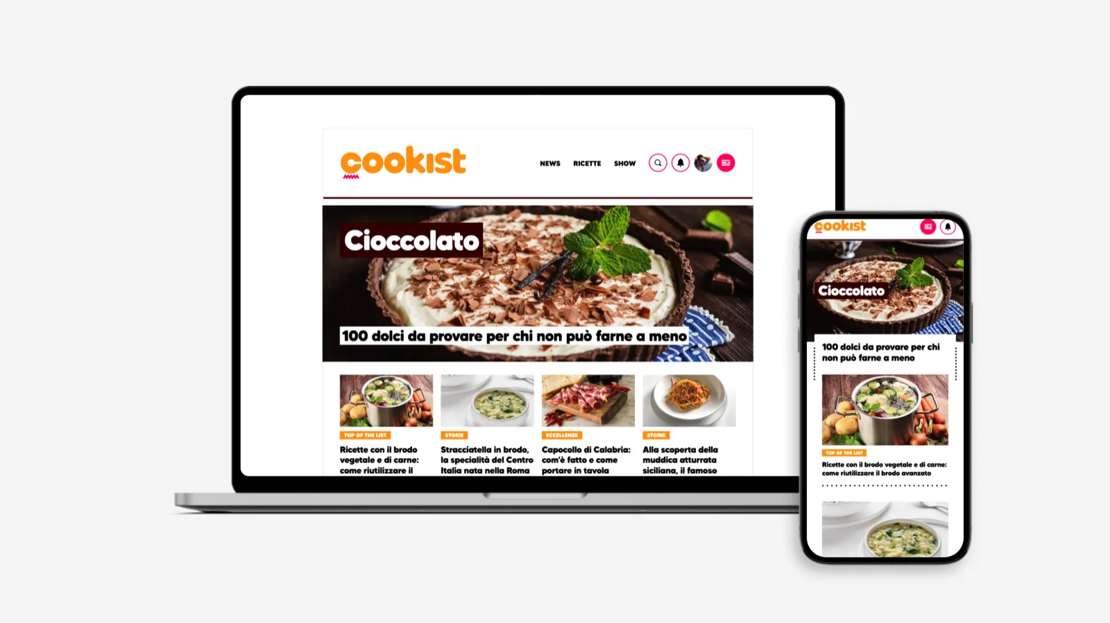 Home di Cookist su portatile e telefono, con la fila di card sotto l’apertura