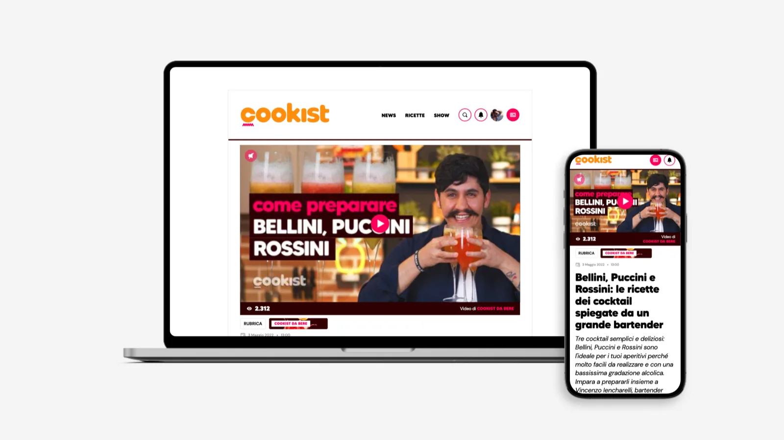 Articolo di Cookist su portatile e telefono: fondo bianco, arancione e magenta