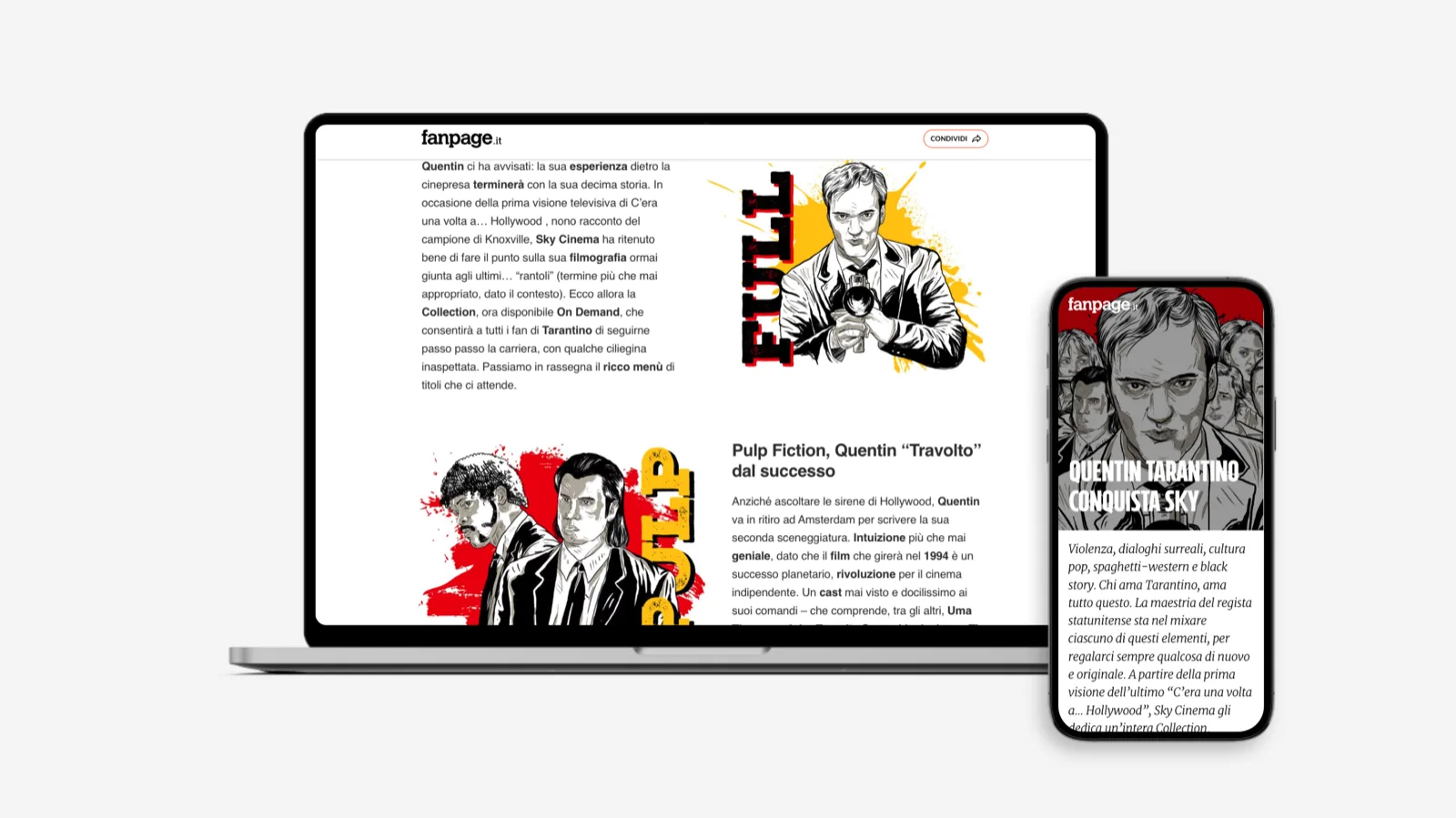 Articolo di Fanpage.it su portatile e telefono, con illustrazioni a fianco del testo