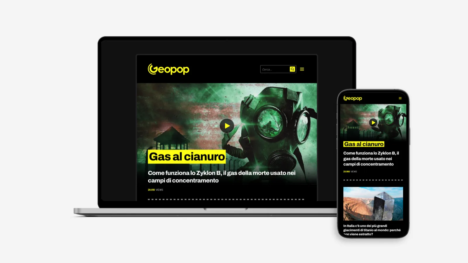 Articolo video di Geopop su portatile e telefono, con titolo evidenziato in giallo