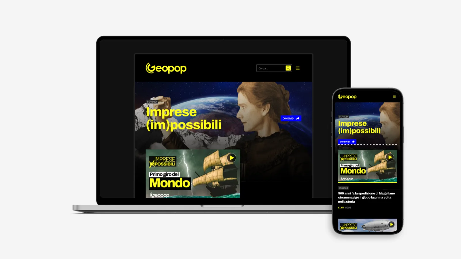 Home di Geopop su portatile e telefono: giallo su nero, serie video in apertura