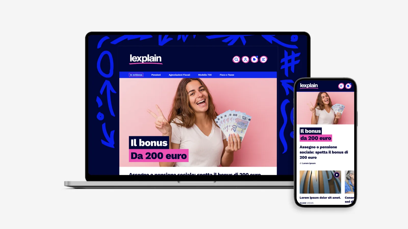 Articolo di Lexplain su portatile e telefono, con titolo su due fasce sovrapposte