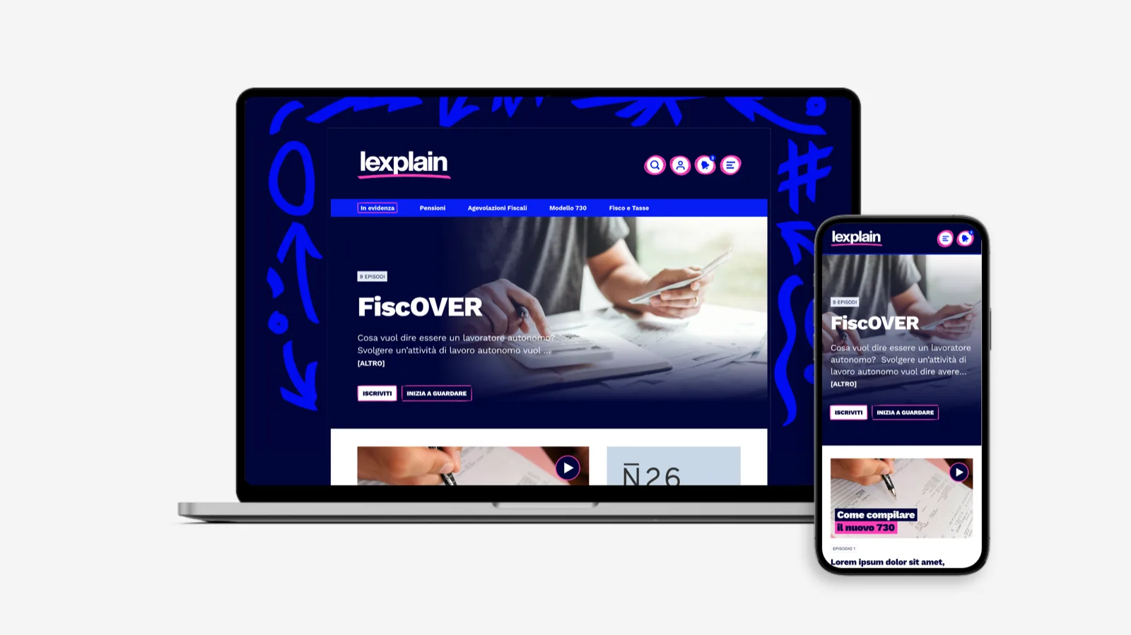 Home di Lexplain su portatile e telefono: blu notte, fucsia e segni disegnati a mano