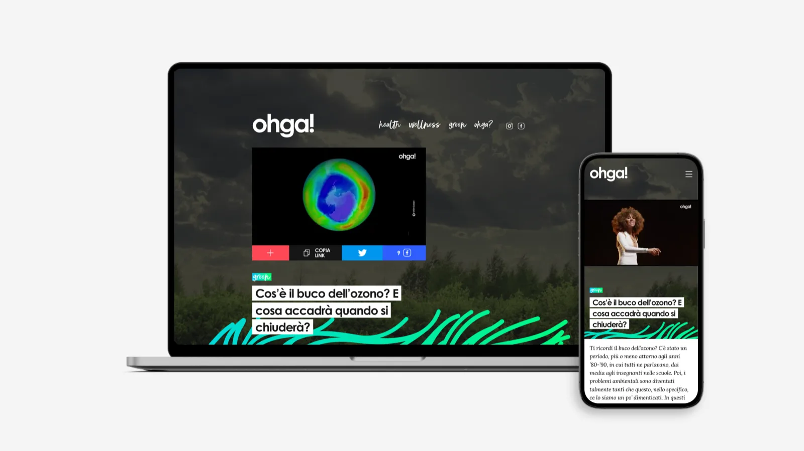 Articolo di Ohga! su portatile e telefono: verde acido su foto a tutta pagina