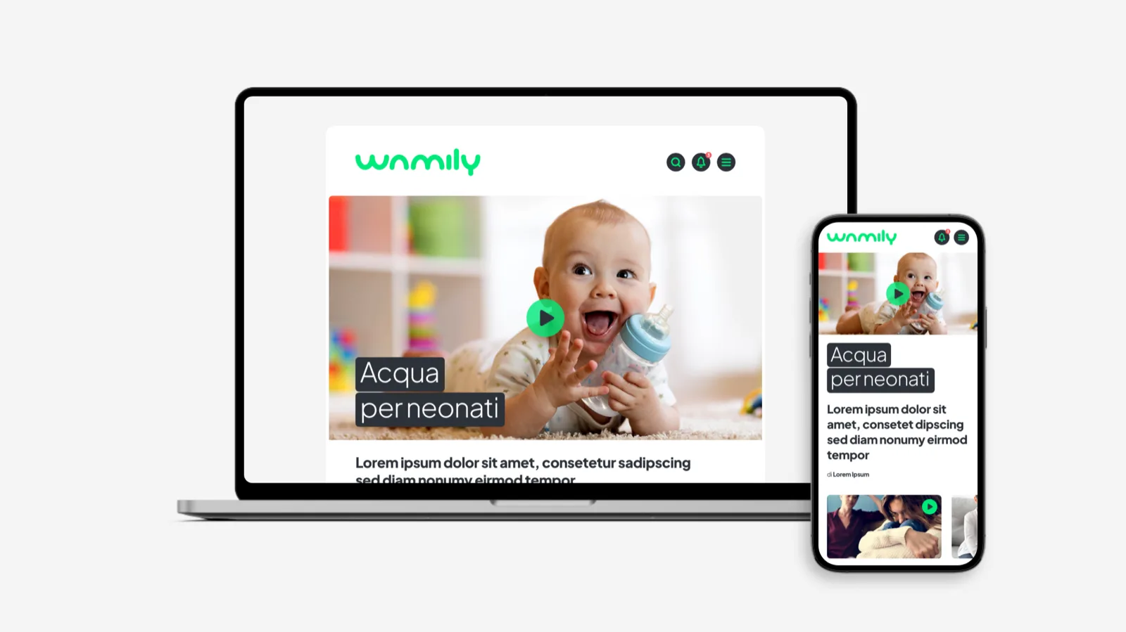Home di Wamily su portatile e telefono: verde acido, angoli tondi, card video in apertura